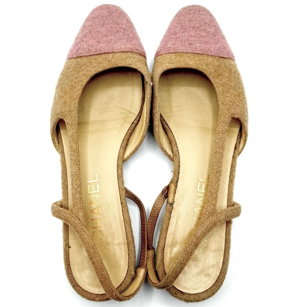 CHANEL 20B Camel and Pink Bi Color Tweed Ballet Slingback Sandal Flats EU 38.5 - Picture 4 of 13